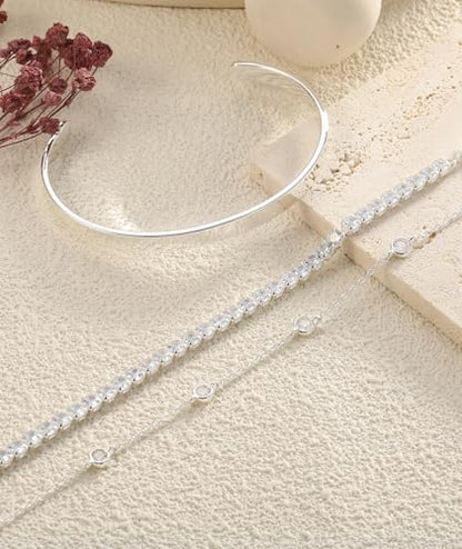 ZOERAY Silver Gold Bangle Bracelets for Women Non Tarnish 14k Gold Plated Stackable Cuff Bracelets for Women Trendy Cubic Zirconia Stainless Steel Chunky Bracelet Stack Set Waterproof Jewelry Gifts - color: D.Cubic Zirconia-Silver