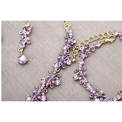 3Pcs Austrian Crystal Jewelry Set for Women, Necklace Dangle Earrings Link Bracelet Jewelry Set with Gold/Platinum/Gun Plated, Wedding Party Jewelry for Bridal Bridesmaid - color: Violet-Gold Plated