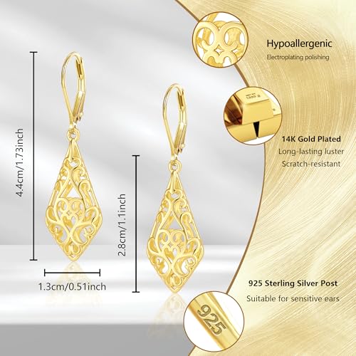 BOUTIQUELOVIN Filigree Dangle Earrings for Women Drop Earings | 14K Gold Plated Geometric Dangling Leverback Earrings Silver Hypoallergenic Dangly Earings Lightweight Daily Jewelry Gifts - color: A-14K Gold
