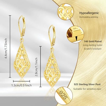 BOUTIQUELOVIN Filigree Dangle Earrings for Women Drop Earings | 14K Gold Plated Geometric Dangling Leverback Earrings Silver Hypoallergenic Dangly Earings Lightweight Daily Jewelry Gifts - color: A-14K Gold