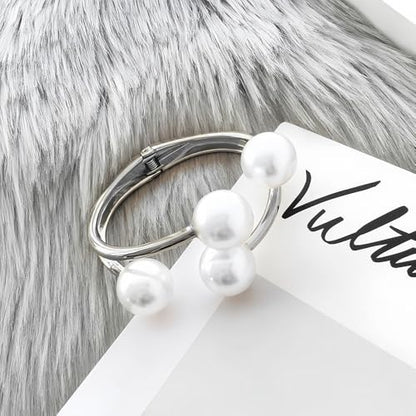 Gold Pearl Hand Cuff Bracelets for Women Chunky Large Pearls Cuffs Statement Bracelet Luxury Big Fake Faux Pearl Ball Handcuffs Jewelry Unique Pearly Gifts - color: Silver
