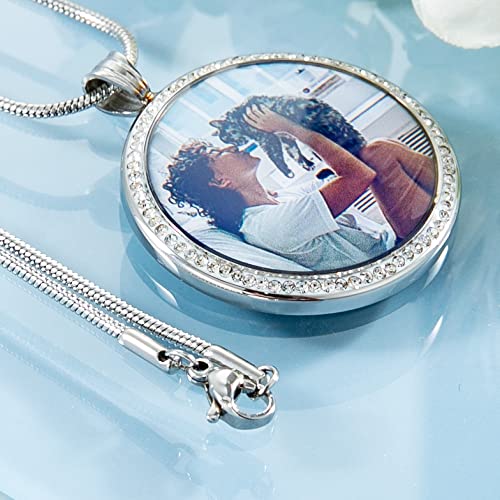 Farfume Personalized Photo Necklace for Women/Men, Memorial Jewelry Gifts | Holds 2 Pictures Pendant, Custom Engraved Text, Beautiful Locket for Girls, Durable Stainless Steel, Mothers Day Gifts - color: Diamond Round Necklace