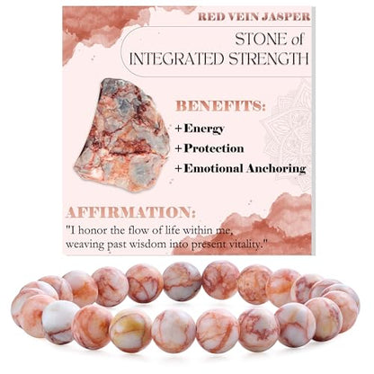 Bivei 8mm Beaded Bracelets for Women Handmade Semi Precious Natural Stone Stretch Elastic Jewelry Yoga Protection Gifts - color: Red Vein Jasper-Ignited Passion, size: Medium 6.8-7.3 inch