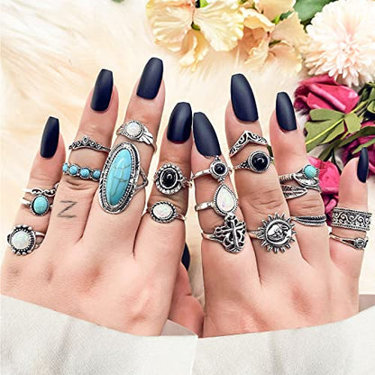 17IF Vintage Silver Knuckle Rings Set for Women Men, Chunky Boho Rings | Aesthetic Snake Grunge Stackable Gothic Ring Adjustable Y2K Punk Bulky Finger Alt of Rings, Stacking Flower Midi Ring Pack - style: 19