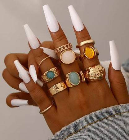 iF YOU 25 Pcs Gold Stackable Ring Set for Women, Chunky Knuckle Finger Midi Rings, Silver Simple Stacking Cute Rings Pack Trendy Stuff Jewelry Gift - style: 10 Chunky gold gem rings