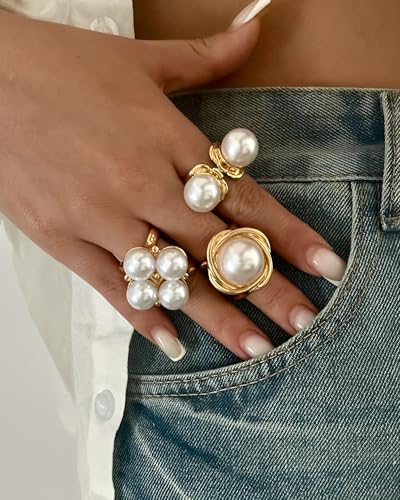 Chunky Gold Shell Starfish Ring Set for Women Trendy Gold Flower Scallop Seashell Starfish Gemstone Rings Adjustable Stacking Statement R-ings Non Tarnish Spring Summer Jewelry Accessories - color: A8:3 pcs