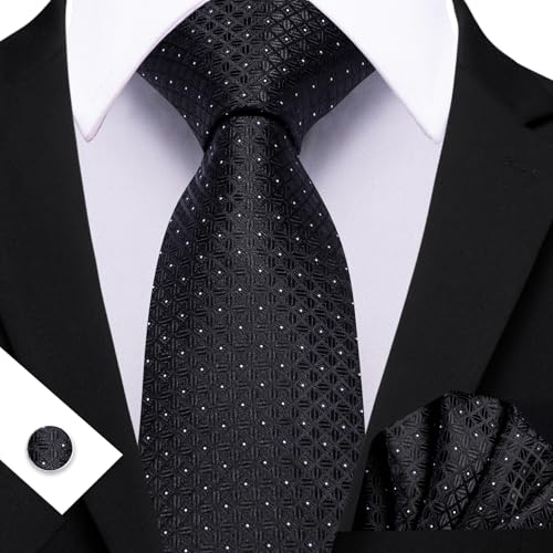 YOHOWA Men Plaid/Striped Ties Clip Set Silk Necktie Pocket Square Cufflinks | Woven Classic,Formal/Casual Mens Tie,Pocket Square Cufflinks Set,Luxury,Business,Wedding,Party,Prom,Graduation - color: Black