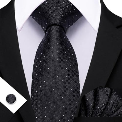 YOHOWA Men Plaid/Striped Ties Clip Set Silk Necktie Pocket Square Cufflinks | Woven Classic,Formal/Casual Mens Tie,Pocket Square Cufflinks Set,Luxury,Business,Wedding,Party,Prom,Graduation - color: Black