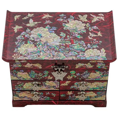 February Mountain Mother of Pearl Wooden Jewelry Organizer Box – Jewelry Storage Box for Women, Features Spacious Drawers, Ideal for Rings, Bracelets, Watches, Chains, Accessories - style: Peony_Red