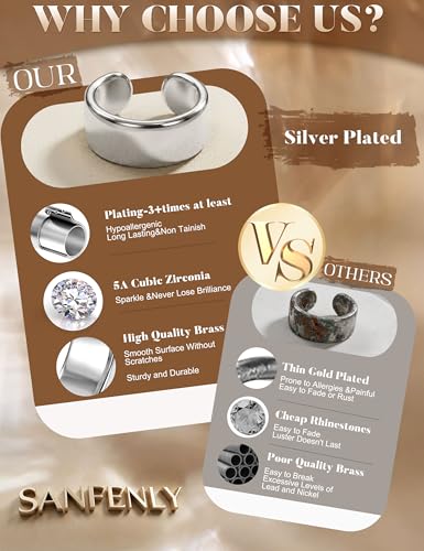 Sanfenly Ear Cuffs Earrings for Women Non Piercing | 14K Gold Plated Ear Cuffs for Non Pierced Ears, Hypoallergenic Clip on Earrings Cartilage Earring, Fake Ear Piercings - color: Silver Plated-Chunky