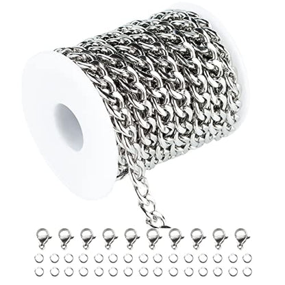 UMAOKANG 16.4 Feet Stainless Steel 10MM Cuban Chains for Jewelry Making | Silver Heavy Duty Chain Bulk Chunky Curb Cuban Link Men Hip Hop Necklace Bracelet DIY Chain Jump Rings Lobster Clasps Set - color: Silver Twist 10mm