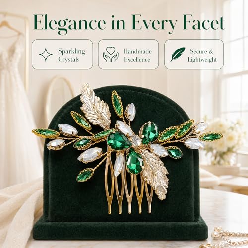 Emerald Green Hair Accessories for Women Crystal Leaf Bridal Side Comb Wedding Hair Piece with Gold Tone Design Elegant Clip for Prom Party Bridesmaid Formal Events