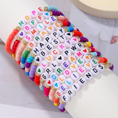 Heishi Surfer Clay Bead Bracelets Set for Women - Preppy Smile Evil Eye Beaded Stretch Bracelets Elastic Layering Friendship Bracelets- Stackable Boho Disc Summer Jewelry Set - color: BEAD 12pc -A