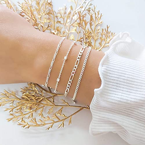 Stacking Bracelet Silver, Minimalist Simple Gourmet Satellite Rectangles Lace Heart Chain Bracelets, 925 Sterling Arm Jewelry for Women, Length 6.5-7.5 Inches - style: Figaro Chain