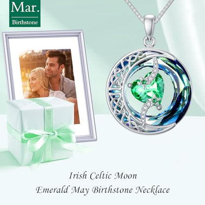TOUPOP Birthstone Necklace Women Sterling Silver Moon Star Birthday Jewelry | Celtic Moon Pendant with Blue Crystal Anniversary Christmas Jewelry Gifts for Wife Mom Her - color: A-05-Emerald