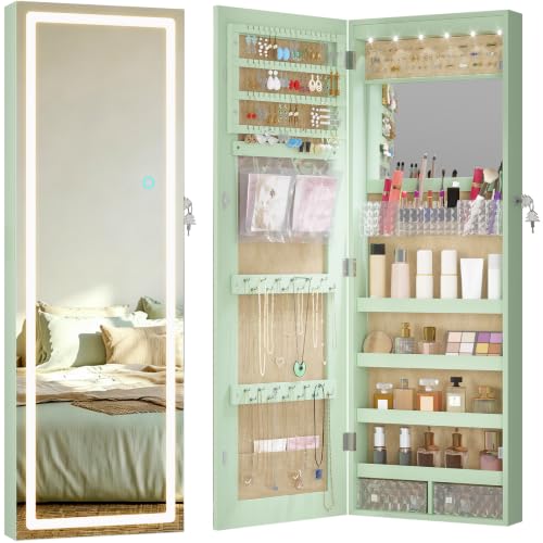 42.5" Wall Mounted Jewelry Organzier with LED Mirror, Green | Lockable Jewelry Cabinet for 30 Ring Slots, 96 Earring and 20 Necklace Hooks, Gift for Women, Girls - color: Green