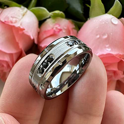 TUTISS 8mm Silver/Black Tungsten Rings for Men Women Promise Engagement Eternity Wedding Bands Black Cubic Zircon Stone Inlay All Around Matte Finish Comfort Fit - color: 8mm Tungsten