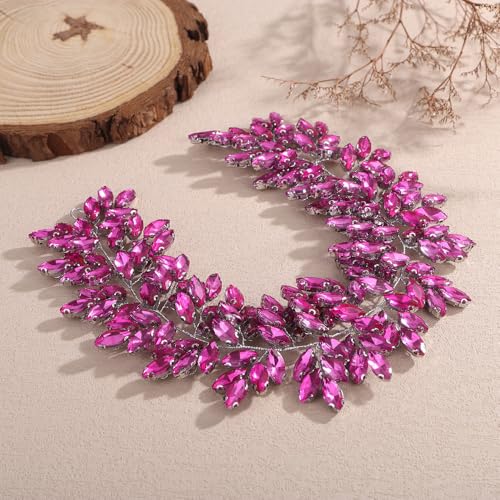 Missgrace Women Silver Green Black Red Blue Handmade Full Crystal Rhinestone Large Headband Hair Vine Shinny Headpiece Bridal Wedding Hair Accessories for Women (Rose Red) - color: Rose Red