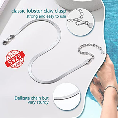 PROSILVER 925 Sterling Silver Ankle Bracelets For Women, Stylish Chain Anklets, Summer Beach Jewelry, 8.6-10.6 Inch Adjustable, Come with Box - style: 04 Herringbone Anklet-3mm