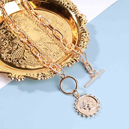 Punk Layered Toggle Necklace Choker Gold Paperclip Chain Necklace Toggle Bar Clasp Necklace Vintage Coin Disc Pendant Necklace Chain Jewelry for Women Gift