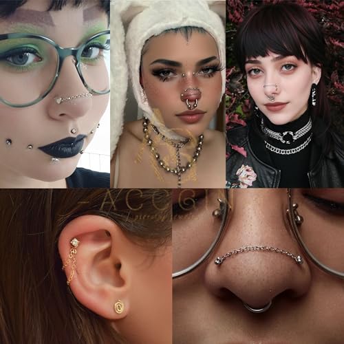 20G Nose Rings Studs with Chain Piercing Across Double Nose Stud Nose Hoop Spike Heart Ball CZ Surgical Steel Nostril Piercing Jewelry for Women Men, Black Silver Gold - color: BK-S