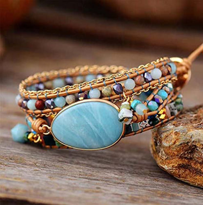 Women Wrap Bracelet Boho Natural Jasper Crystal Stone Beads Strand Bracelets - color: Style 16-Amazonite