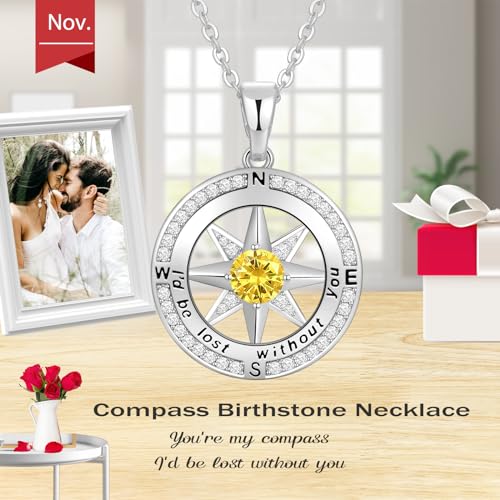 Peeshow Compass Birthstone Necklace for Women Wife, S925 Sterling Silver Gift for Wife Wedding Anniversary Birthday Gifts for Women Jewelry for Her Girlfriend I'd be Lost without You - style: 11-Nov-Citrine