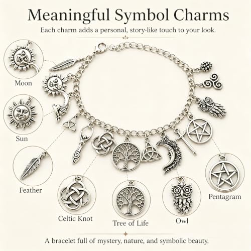 Vintage Witchy Charm Bracelet, Silver Gothic Boho Celestial Bracelet with Tree of Life Moon Pentagram Charm, Wiccan Lucky Link Chain Bangle Gift Jewelry for Women Halloween Party Friendship