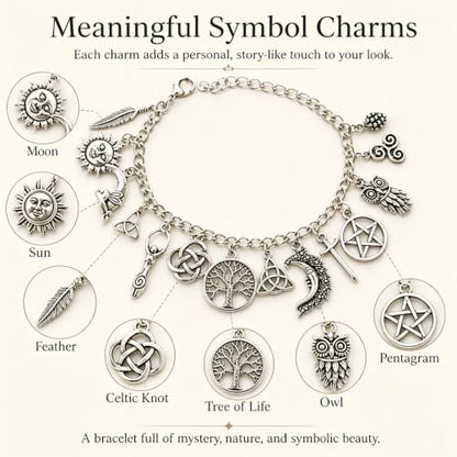 Vintage Witchy Charm Bracelet, Silver Gothic Boho Celestial Bracelet with Tree of Life Moon Pentagram Charm, Wiccan Lucky Link Chain Bangle Gift Jewelry for Women Halloween Party Friendship