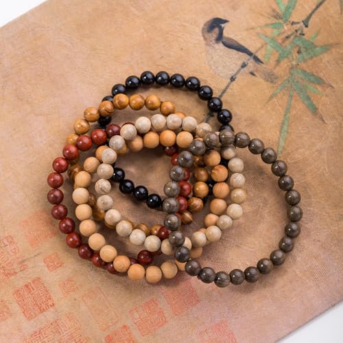 6Pcs 8mm Wooden Beaded Bracelet Bangle for Men and Women Elastic