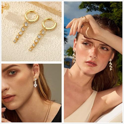 Lunvky 14K Gold Plated Dangle Earrings for Women Dainty Silver Drop Earring Trendy Long Dangling Wedding Bridesmaid Hoop Diamond Crystal Cute Earring Prom Jewelry Birthday Gifts - color: A-2 pair gold