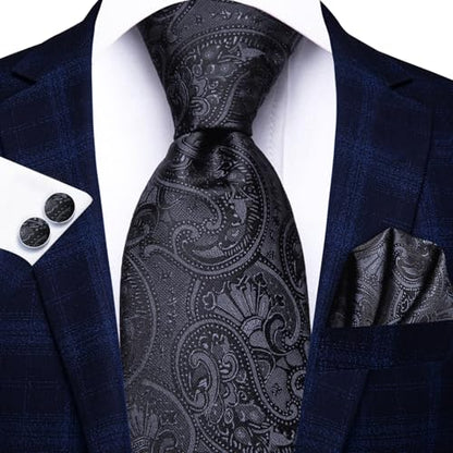 Hi-Tie Men 63inches Tie Set Extra Long Necktie Paisley Tie Pocket Suqare Cufflinks Big and Tall Men Tie - color: Black
