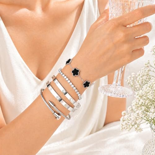 18K Gold Plated Love Bangle Bracelet Stack for Women, Adjustable Clover Bracelet & CZ Tennis Chain Set, Stackable Layered Jewelry, Fade Resistant, Long-Lasting Luster for Daily Wear & Gift - color: 5Pcs Silver Black