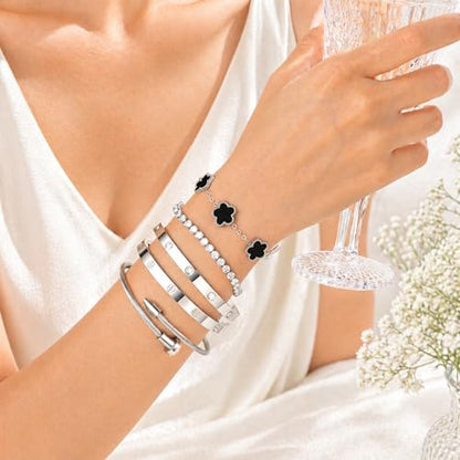 18K Gold Plated Love Bangle Bracelet Stack for Women, Adjustable Clover Bracelet & CZ Tennis Chain Set, Stackable Layered Jewelry, Fade Resistant, Long-Lasting Luster for Daily Wear & Gift - color: 5Pcs Silver Black