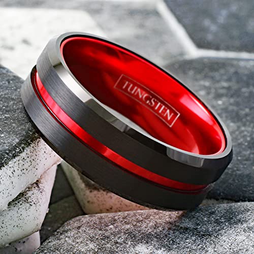 Personalized Engraved 6mm/8mm Black Tungsten Carbide Band Ring w/Fire Engine Red Stripe & Red Anodized Aluminum Inner Band feat. Comfort Fit.
