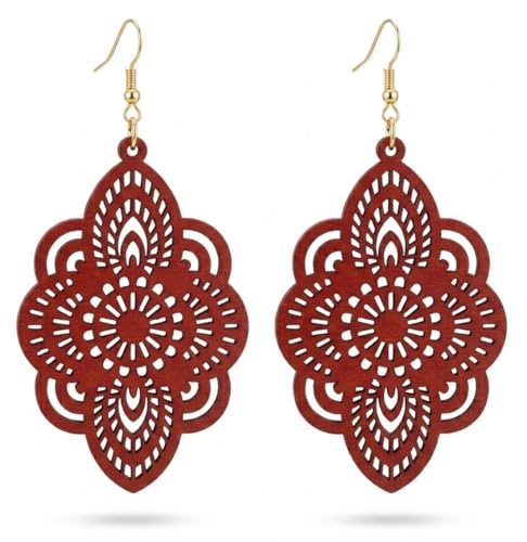 Boho Black Filigree Dangle Earrings for Women, Lightweight Hollow Lace Drop, Wood, 3.34" x 1.69", Bohemian Jewelry - color: Winered
