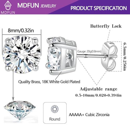 18K White/Yellow Gold Plated Stud Earrings for Men Women 4 Prong Graduated Round Clear Cubic Zirconia Hypoallergenic Earrings Set 3-8MM - color: White Gold Plated, size: 8MM