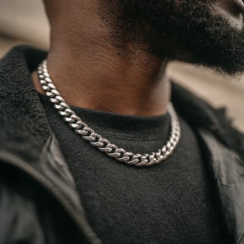 YAMI Stainless Steel Cuban Link Chain Necklace for men - Blue/Silver - color: Silver, size: 22"-10MM