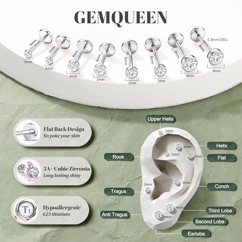 GEMQUEEN 4 Pairs 16G/18G/20G G23 Titanium Implant Grade Nose Studs Threadless Flat Back Earrings Hypoallergenic Flatback 5A CZ Cartilage Helix Tragus Conch Tiny Lip Piercing Jewelry for Women Men - color: Pure Titanium-20G(0.8MM))-Bar-6/8MM&CZ-2/3/4MM