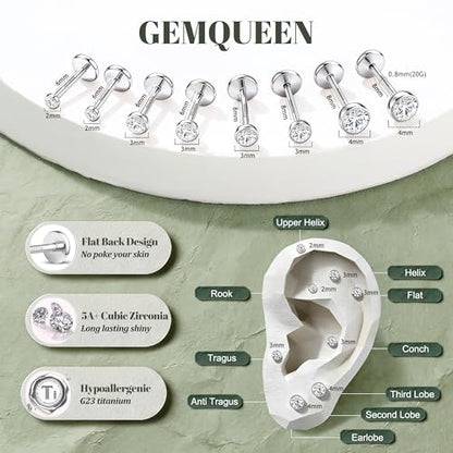 GEMQUEEN 4 Pairs 16G/18G/20G G23 Titanium Implant Grade Nose Studs Threadless Flat Back Earrings Hypoallergenic Flatback 5A CZ Cartilage Helix Tragus Conch Tiny Lip Piercing Jewelry for Women Men - color: Pure Titanium-20G(0.8MM))-Bar-6/8MM&CZ-2/3/4MM