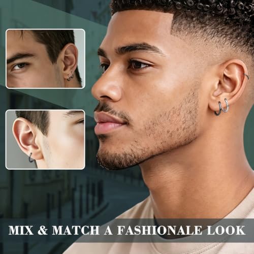 ONESING 10 Pairs Mens Hoop Earrings Stainless Steel Silver/Black Mens Earrings Hoop Hypoallergenic Huggie Hoop Earrings for Men Women Multiple Piercings 8mm/10mm/12mm/14mm/16mm - color: Silver/Black