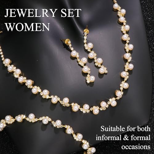 Rhinestone Jewelry Set Crystal Pearl Necklace Bracelet Earrings | Sparkly Necklace Dangle Earrings,Wedding Prom Formal Costume Jewelry Sets for Women - color: Gold2