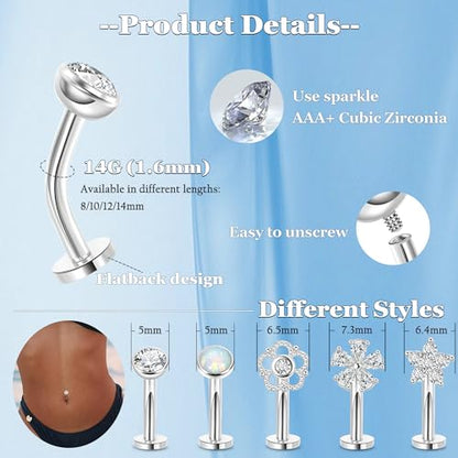 REVOLIA 5Pcs 14G Surgical Steel Floating Belly Button Rings for Women Flat Back Petite Belly Ring Opal Flower CZ Small Navel Rings Internally Threaded Belly Piercing Jewelry 8/10/12/14mm - color: silver