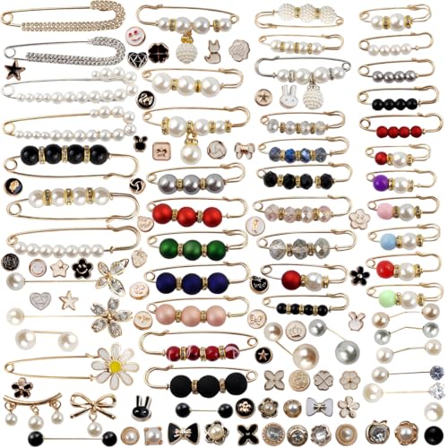 TIHOOD 110PCS Pearl Brooch Pins Women Decorative Safety Pins Pant Clothing Shawl Clips Artificial Pearls Brooch Elegant Pearl Cardigan Collar Brooch Clips Waist Tightener Safety Pins