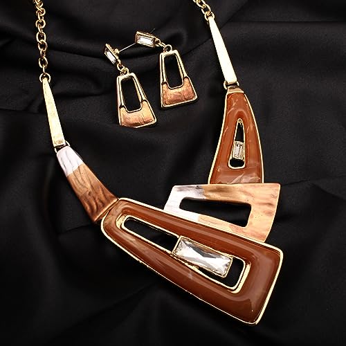 SFE Irregular Enamel Triangle Shape shell Collar Bib Bohemian Boho Statement Necklace Earrings Fashion Costume Jewelry Set for Women - color: Champagne-Gold Plated