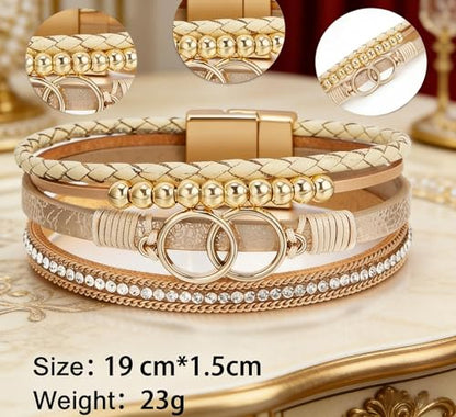Multi-Layer Leather Wrap Bracelets for Women, Elegance Bracelet Jewelry for Women (Beige)