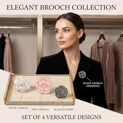 4 Pack Camellia Flower Brooch Pins for Women - Vintage Enamel Pearl Lapel Pin Set, Rhinestone Crystal Dress Suit Badges - Black White Pink Zinc Alloy Jewelry Gift