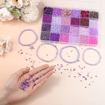 LAIDANLA 7500pcs Mix Purple Glass Seed Beads Kit for Jewelry Making with 3mm Tiny Bead and 4mm/6mm Bugle Tube Bead 24 Colors Waist Embroidery Beads for Bracelets Necklaces DIY Craft Beading Kit - color: Purple