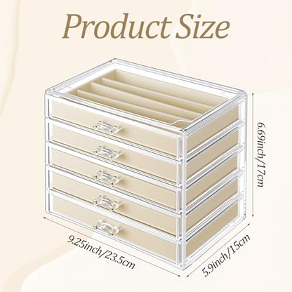 5 Drawer Acrylic Necklace Holder Organizer, Clear Stackable Jewelry Box with Adjustable Velvet Trays for Necklace, Earring, and Ring Storage Display