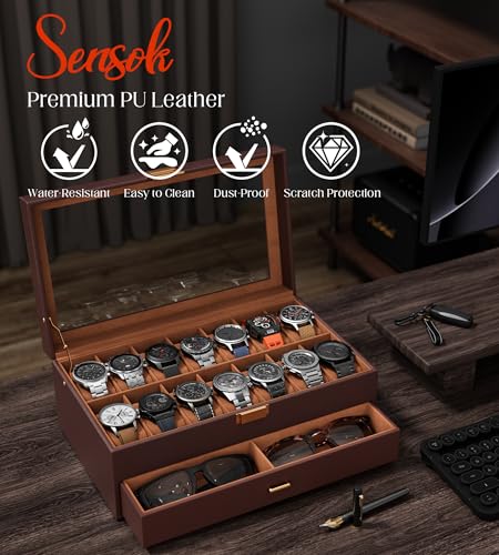 Watch Case Box for Men – 14 Slots Watch Display Organizer with 6-Compartment Eyeglasses Storage, Real Glass Lid 2-Layer PU Leather Collection Holder Gift for Loved Ones Brown - size: 14 Slots, Brown